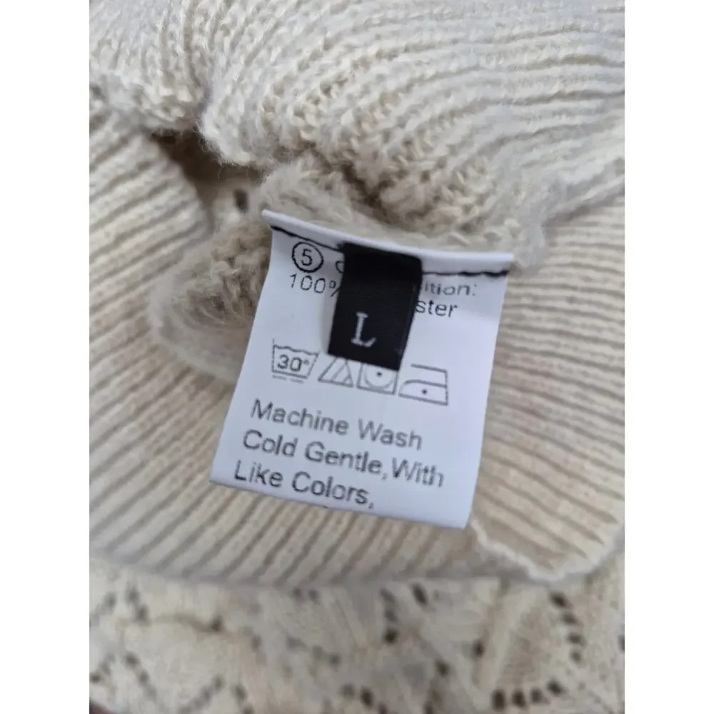 Beige Crochet Knit Boat Neck Sweater Ribbed Trim L